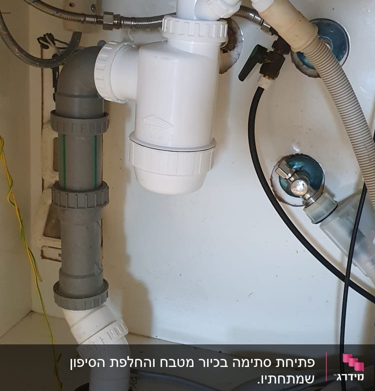 צנרת פלסטיק מתחת לכיור עם מחברים וברזים